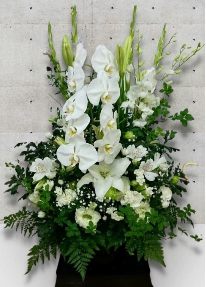胡蝶蘭の入った白系お供えアレンジメント