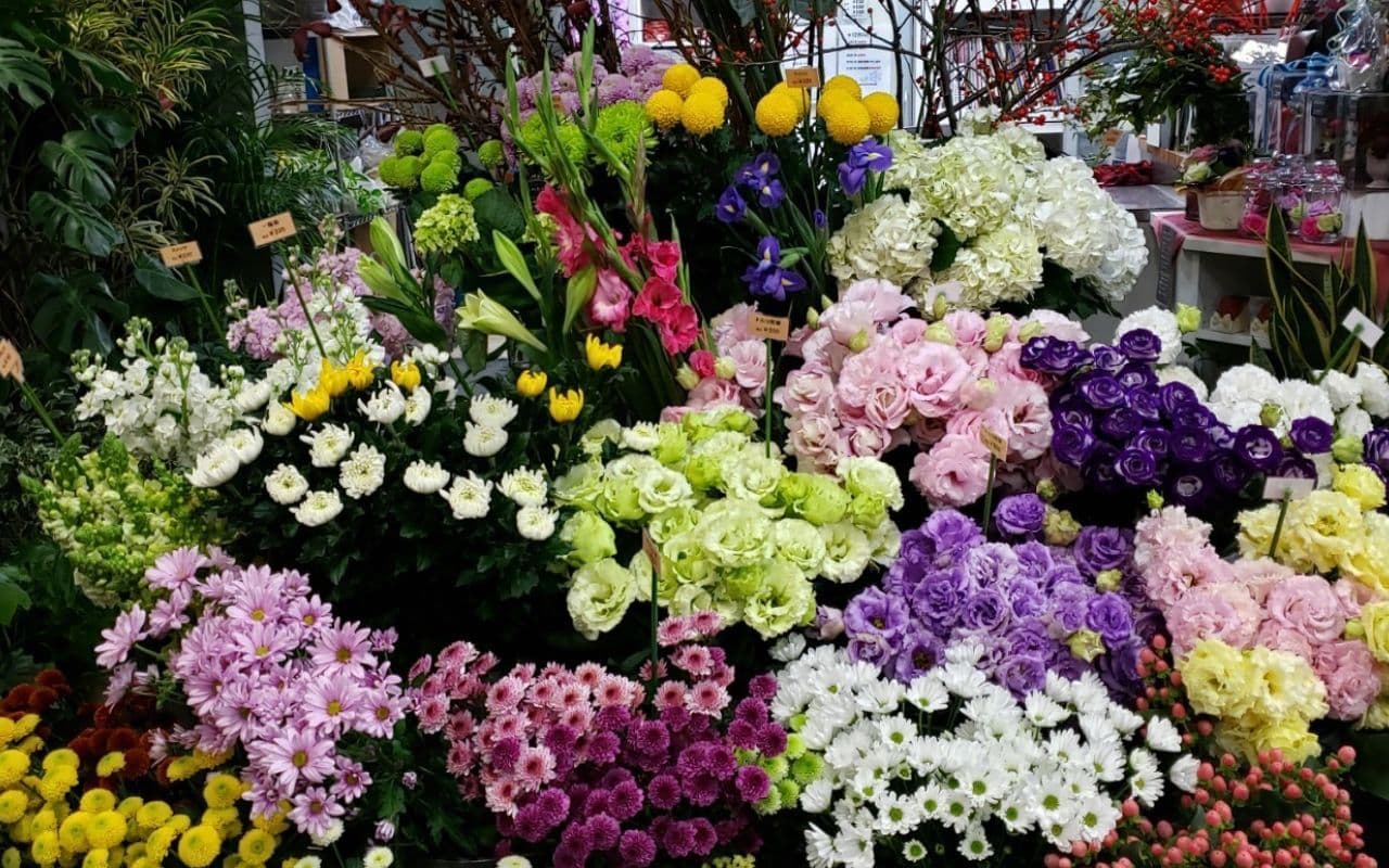 どい花店店内の色とりどりの切り花